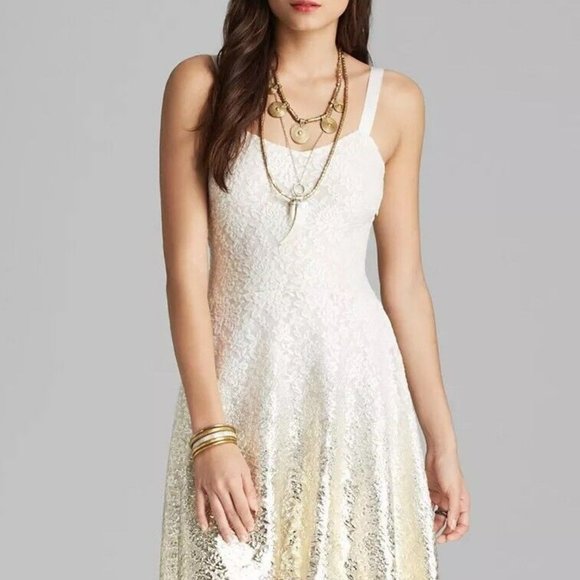 NWT Free People Fit & Flare Mini Dress Ivory Gold Foil Ombre  Lace Boho.  SZ S - Picture 2 of 8